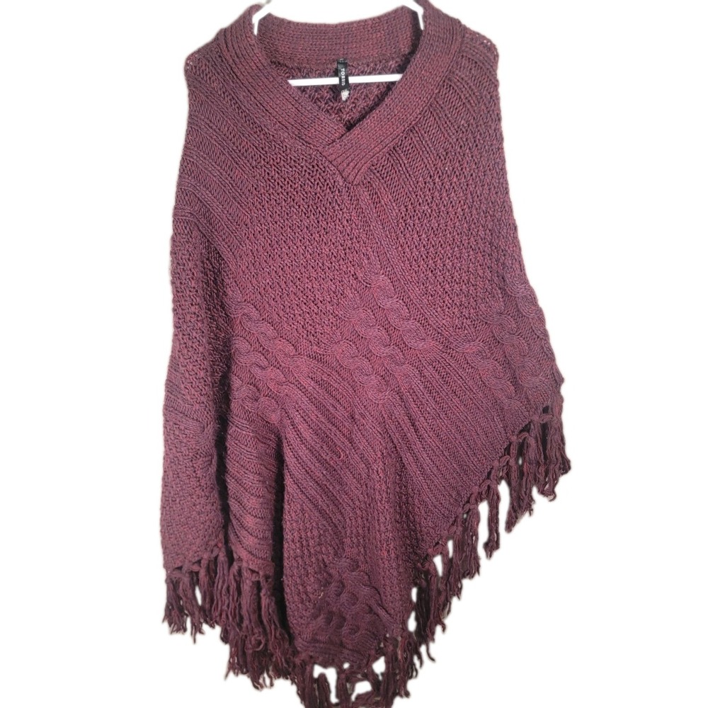Torrid Sweater Poncho Womens OS Burgundy Plum Chunky Cable Knit Fringe